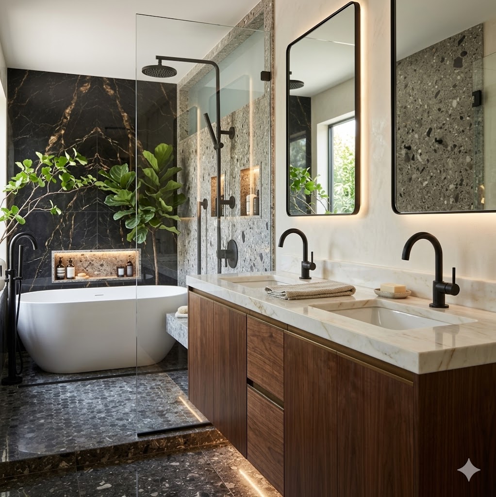 A primary bathroom with walnut vanity, marble counters, freestanding tub, blackened-steel fixtures, and terrazzo flooring.