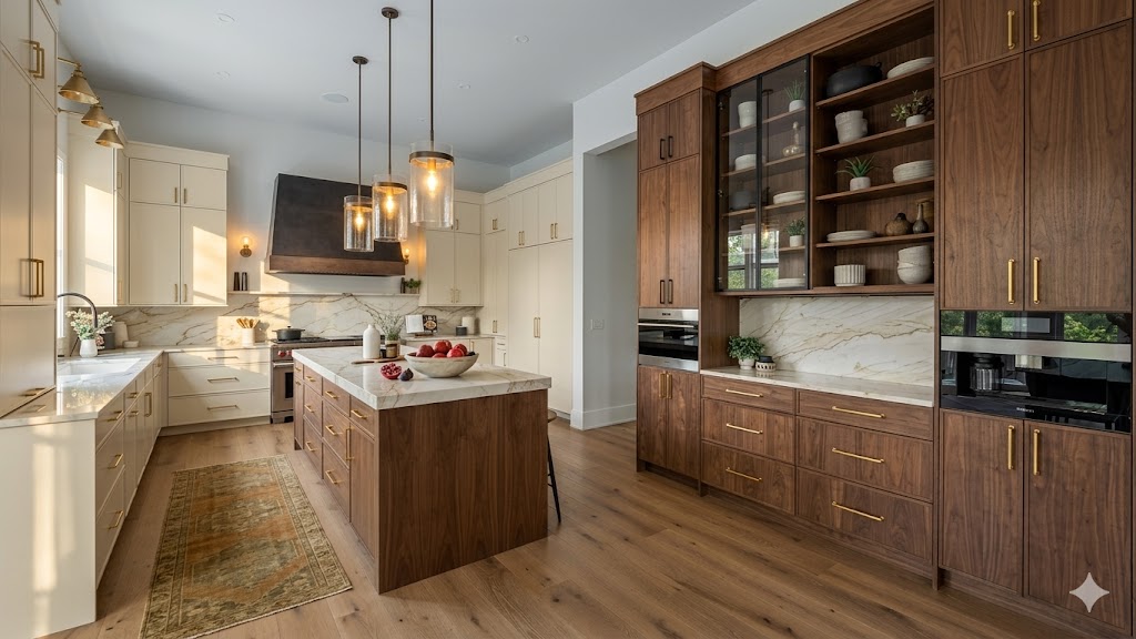 A custom kitchen with white inset cabinetry, walnut millwork, brass hardware, and book-matched marble.